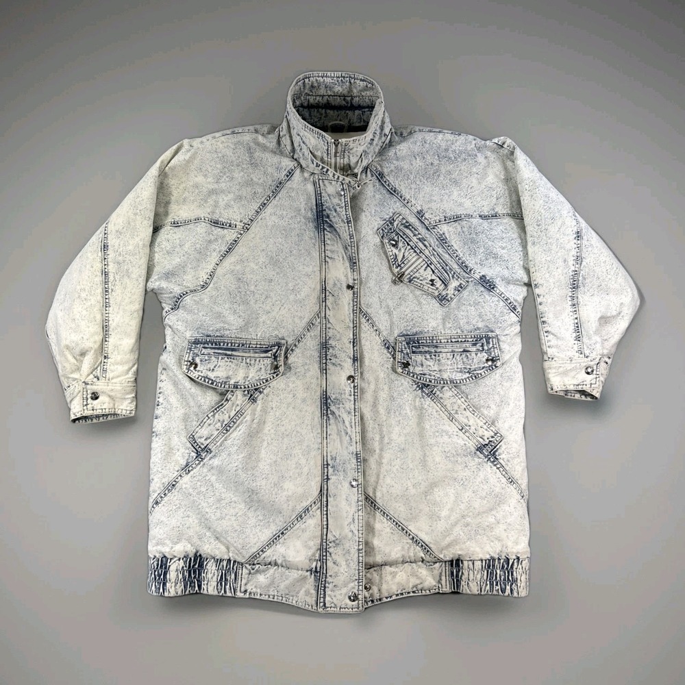Vintage Andy John's‎ Denim Coat Women's Small Heavyweight Acid Wash Turtle Neck